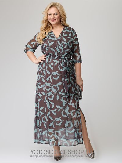 Шифоновое платье коричневое с растительным орнаментом