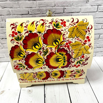Шкатулка Цветы Белая 170*110 мм сундучок для украшений с росписью Хохлома