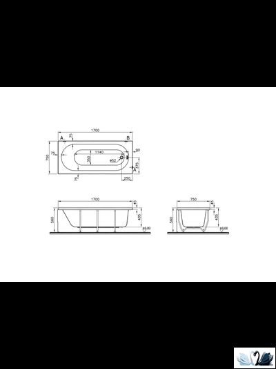 Ванна акриловая, 170 х 75 см, Vitra Matrix 50710001000