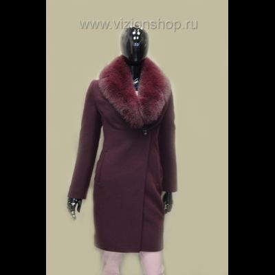 Бордовое пальто женское Арти мода Arti moda 121 с меховым воротником