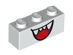 Brick 1 x 3 with Dark Red Open Mouth Smile with Sharp Teeth and Red Tongue Pattern Super Mario Boo Lower Face, White (3622pb124 / 6309107)