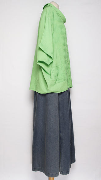 БЛУЗА ЛЁН "КИМОНО ХОМУТ ВЫШИВКА"  зелёная, хаки, голубая, чёрная до р.56