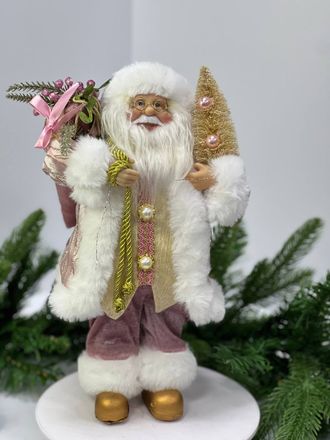 Дед Мороз в розовом полушубке с елкой 30см