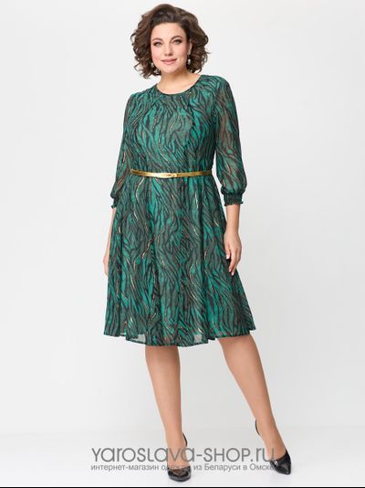Модель: 2396.Зеленое шифоновое платье с поясом в золотом цвете