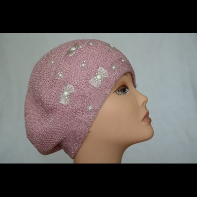 Розовый берет женский вязаный Vizio Италия 6607 с бабочками