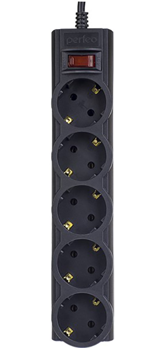 Сетевой фильтр с заземлением и кнопкой Perfeo Powerx, 5 м, 5 розеток (черный)