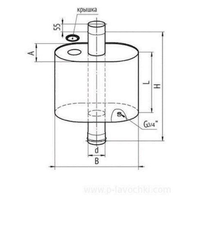 Бак на трубе под каменку, 50л, ф115, НЕРЖ.439,  0.8мм (штуцер 3/4")