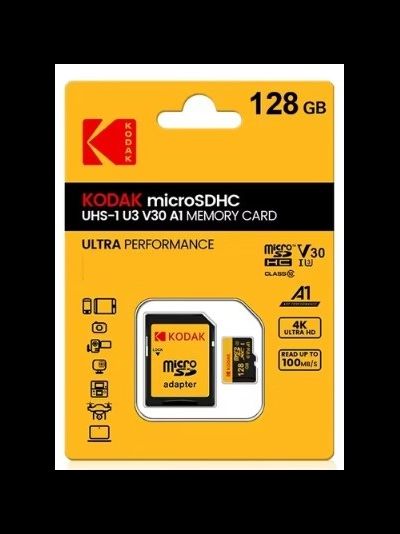 Карта памяти Kodak Micro SD, класс 10, UHS-1 U3 V30 A1 на 128 ГБ, чтение 100 МБ/с, запись данных 30 МБ/с, + переходник SD