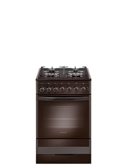 Газовая плита с электрической духовкой, четыре конфорки, без крышки, цвет коричневый.
