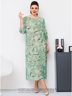 Модель: 1-2442.Шифоновое платье с цветочным принтом в зеленом оттенке
