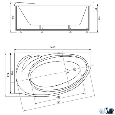 Ванна Aquatek Бетта 160х97 см BET160-0000027, акриловая, левая с каркасом, панелью и сифоном слив-перелив