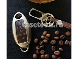 Чехол для ключа Инфинити (металл и коричневая кожа 3 кнопки)