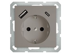1L213LB Розетка с заземлением 16А+2USB A+С, светлый коричневый
