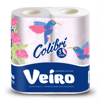 Полотенца бумажные VEIRO Colibri 3 слоя, белые, 2рул/уп 8п32