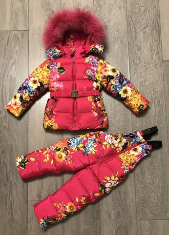 М.17-45 Комплект Moncler малиновый цветы - малиновый мех (86,92)