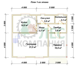 Полутораэтажный дом из бруса 7x9,2 с террасой