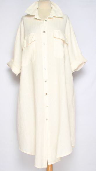 ПЛАТЬЕ РУБАШКА БОХО ЛЬНЯНОЕ "КАРМАНЫ КЛАПАНЫ" белое до р.56