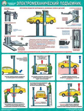 «Безопасность работ в авторемонтной мастерской. Электромеханический подъемник». 1 лист.