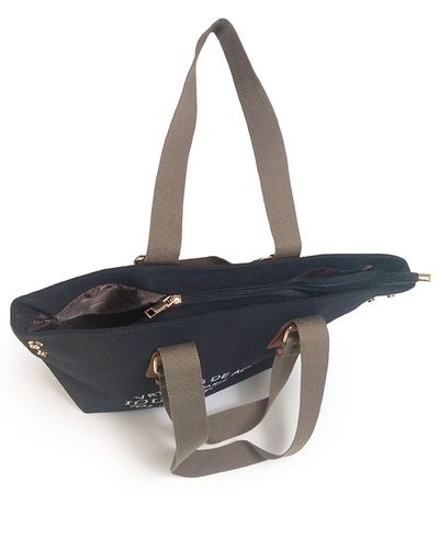 (АРТИКУЛ: 9924/1/1) СУМКА БОЛЬШАЯ, ТЕКСТИЛЬ, ЧЕРНАЯ С БЕЛЫМИ БУКВАМИ, КОРИЧНЕВЫЕ РУЧКИ ЧЕРЕЗ ПЛЕЧО