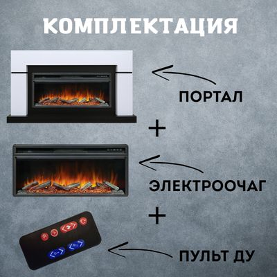 Линейный электрокамин Lindos белый с чёрным с очагом Vision 42 LOG LED