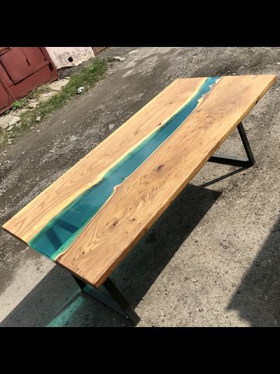 стол река из карагача голубая