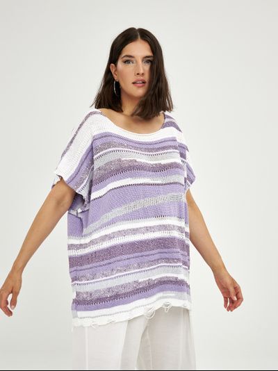 Летний вязанный топ в полоску лиловый с серебром