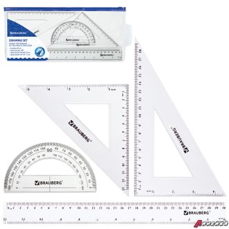 Набор чертежный большой BRAUBERG (линейка 30 см, 2 угольника, транспортир), конверт на молнии, подвес. 210308