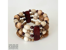 Браслет "4 нити" микс деревянных бусин разных форм, цветов и размеров на резинке с тёмными бусинами-коннекторами, цена за штуку