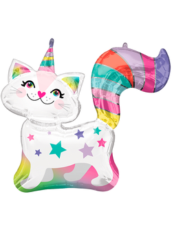 Фольгированный шар с гелием "Кошка-единорог радужная"