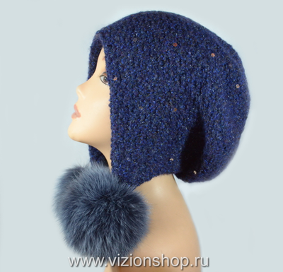 Меланжевая женская шапка ушанка с помпонами Vizio 6444 Италия синяя