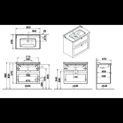 Модуль с классической раковиной, Vitra Root Classic, 80 см, 2 ящика, матовый серый, 68871