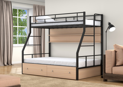 Двухъярусная кровать Раута Твист Черный ящики полка дуб молочный фото