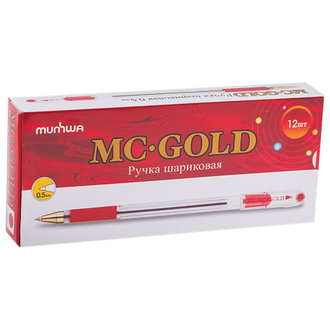 Ручка шариковая масляная с грипом MUNHWA "MC Gold", КРАСНАЯ, корпус прозрачный, узел 0,5 мм, линия письма 0,3 мм, BMC-03