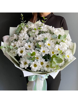 БУКЕТ ИЗ 11 КУСТОВЫХ ХРИЗАНТЕМ С ДОБАВЛЕНИЕМ ЭВКАЛИПТА - (АРТ. М126)