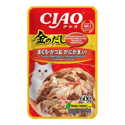 INABA CIAO Kinnodashi (Инаба) Влажный корм для кошек Тунец Магуро и тунец Кацуо с крабом сурими, пауч, 60 г
