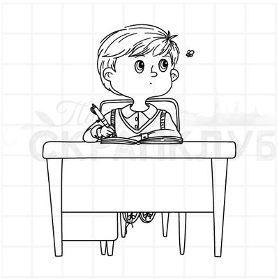 Штамп ученик за партой смотрит на муху