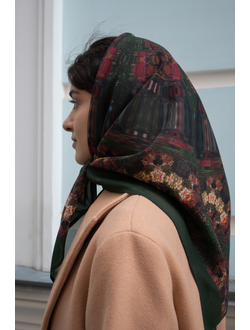 Дизайнерский платок "Летний вечер", принт по мотивам авторского цифрового коллажа, 90х90 см