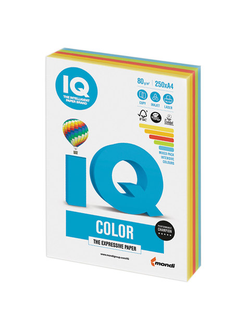 Бумага цветная IQ color, А4, 80 г/м2, 250 л., (5 цветов x 50 листов), микс интенсив, RB02