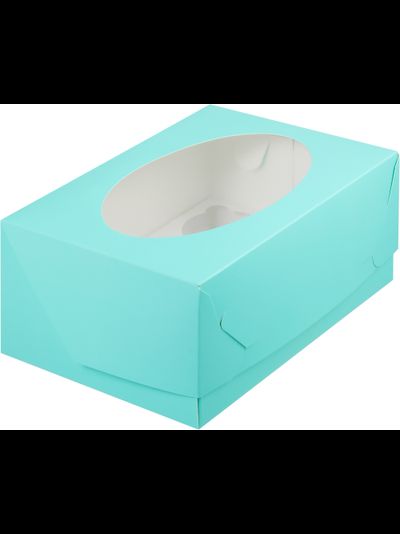 Коробка на 6 капкейков с окном (бирюза), 235*160*100мм
