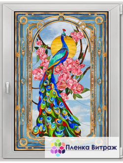 Витражная пленка, витражная пленка самоклеющаяся под заказ,пленочный витраж с павлином