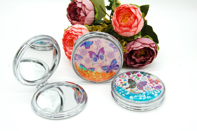 Зеркальце карманное двойное с блестками (ТИП: Бабочки, Единорог)