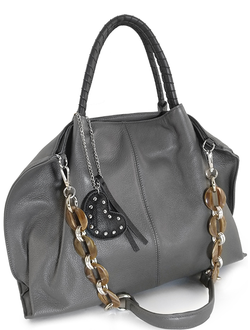 (АРТИКУЛ: 9617/2) СУМКА ЖЕНСКАЯ БОЛЬШАЯ, НАТУРАЛЬНАЯ КОЖА, СEРАЯ С ЧЕРНЫМИ РУЧКАМИ, ПЛЕЧЕВОЙ РЕМЕНЬ С ЦЕПОЧКОЙ