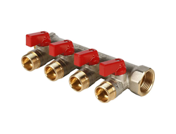 Коллектор распределительный STOUT с шаровыми кранами 3/4", 4 отвода 1/2" (красные ручки) (Арт. SMB 6