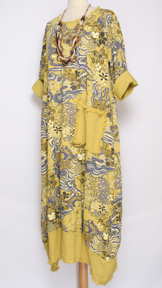 Платье  Бохо "Тюльпан-карман" цветы лайм, желтое
