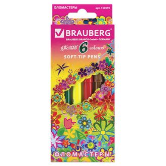 Фломастеры BRAUBERG "Blooming flowers", 6 цветов, вентилируемый колпачок, картонная упаковка с фольгой, 150559, 24 наборов