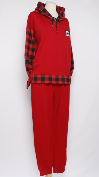 КОСТЮМ ХУДИ   И БРЮКИ  "КЛЕТКА" красный р.50-54