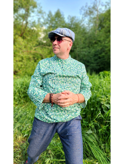 Русская рубашка "Сорочица"  мужская, с зеленым принтом