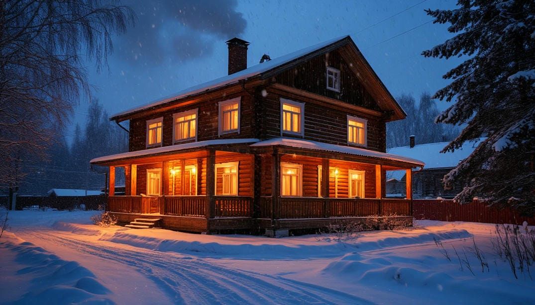 Ночной вид жилого дома в снегопад: тёплый свет из окон и работающие системы дома во время уличной не