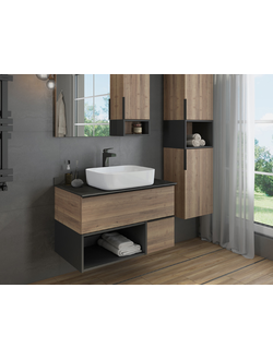 Тумба-умывальник "Штутгарт-90" дуб темно-коричневый с черной столешницей, с раковиной COMFORTY T-Y93