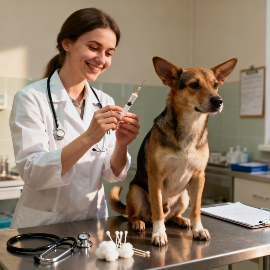 Ветеринарный врач набрал вакцину, чтобы вакцинировать собаку